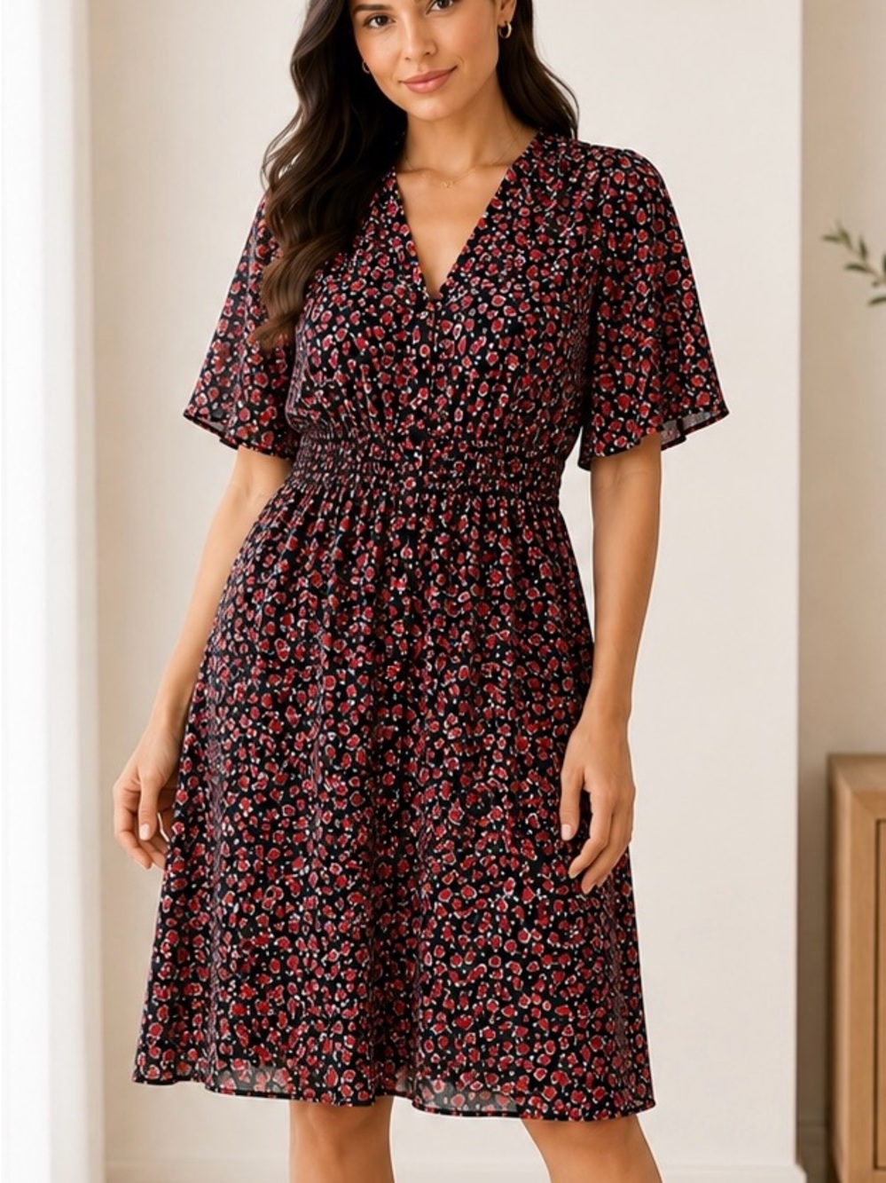 13. Bohme Black Midi Dress with Red Floral Print